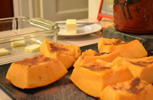 Pieces of pumpkin cut and ready for the baking dish