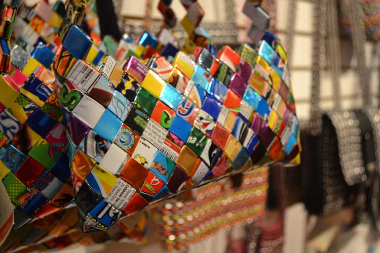 A handbag made of recycled wrappers