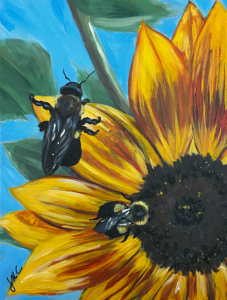 Two bees are busy on a sunflower head against a blue sky.